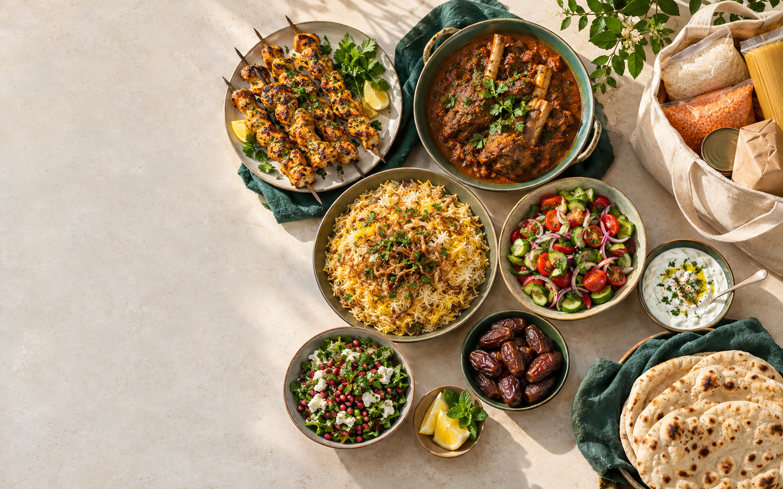 A shared spread of grilled food, rice, flatbread and salads